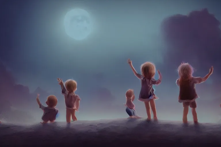 Image similar to portrait of cute little kids waving their hands, dreamy matte painting, night time, volumetric lighting, smooth, trending on artstation, moonlit backdrop