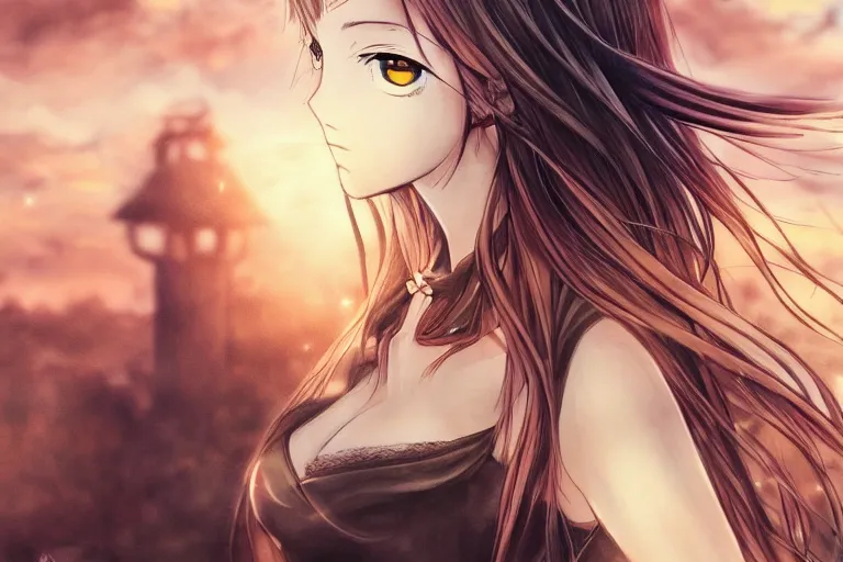 Image similar to woman, anime, fantasy, pen painting, ultra realistic!!!, hdr, clear weather, golden hour, sharp focus