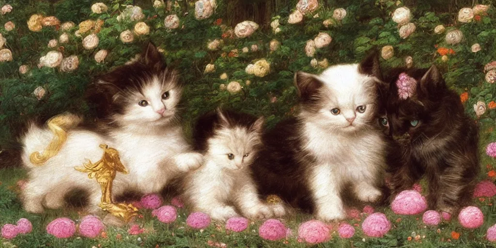 Prompt: 3 d precious moments plush puppy and kitten with realistic fur and gold, white, pastel blue, deep greencolor scheme, field of flowers, master painter and art style of john william waterhouse and caspar david friedrich and philipp otto runge