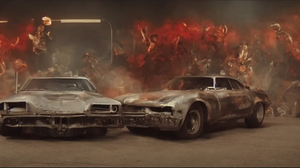 Image similar to film still from the movie death race three thousand, cult cinema, pulp cinema, vintage, nineteen seventies, saturated color, cinematic lighting, cinematic composition, ultra realistic, highly detailed, wide screen, panavision