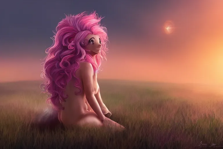 Image similar to Pinkie Pie sitting down viewed from behind, gazing off into the horizon, professional equine photography and mood lighting, flowing mane and tail, relaxed expression, subtle fog, fireflies, realistic digital art, 4k