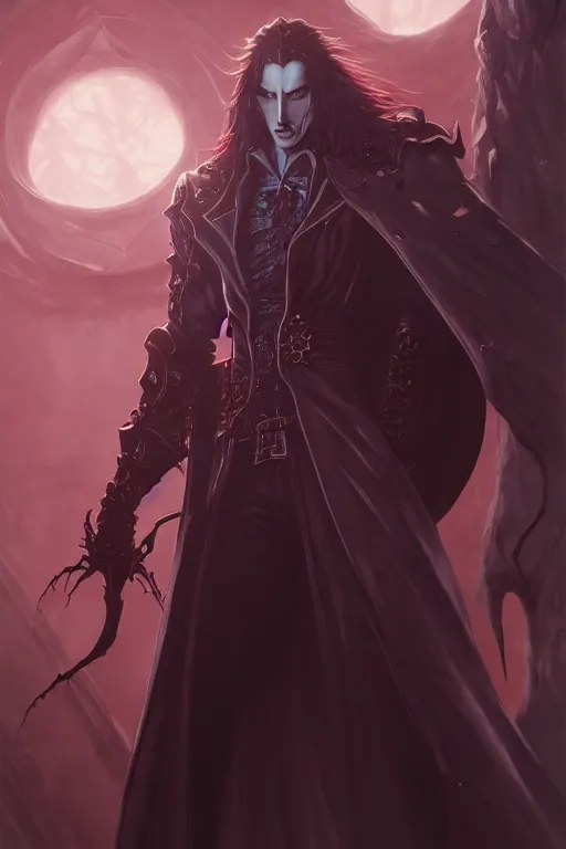 Image similar to alucard standing alone, castlevania, by stanley artgerm lau, wlop, rossdraws, james jean, andrei riabovitchev, marc simonetti, and sakimi chan, trending on artstation