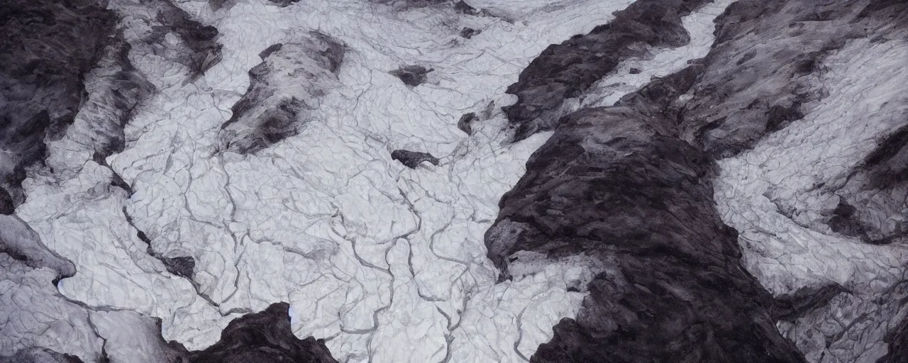 Prompt: A canyon of ice on a different planet. The surface is made entirely out of tan and white ice. The sky is black. Classic painting, award winning, highly detailed.