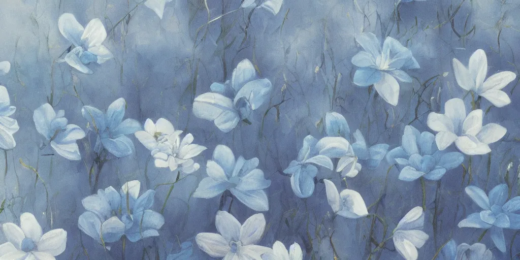 Image similar to light blue flowers at the bottom of the painting, white background, matte painting