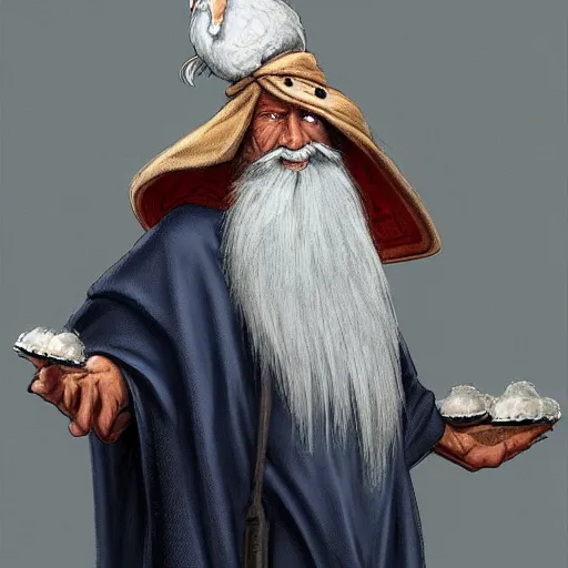 Image similar to character concept art of a kind old wizard with a long white beard looking a confused, holding a pet chicken perched top of his hat, wearing a blue robe, blue eyes, realistic, detailed, trending on ArtStation, by John Howe