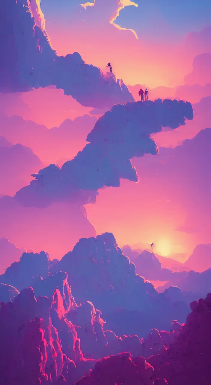 Prompt: Aesthetic Lonely cliff , pink clouds in the sky, brightly illuminated by rays of sun, artstation, colorful sylvain sarrailh illustration, by peter chan, day of the tentacle style, twisted shapes