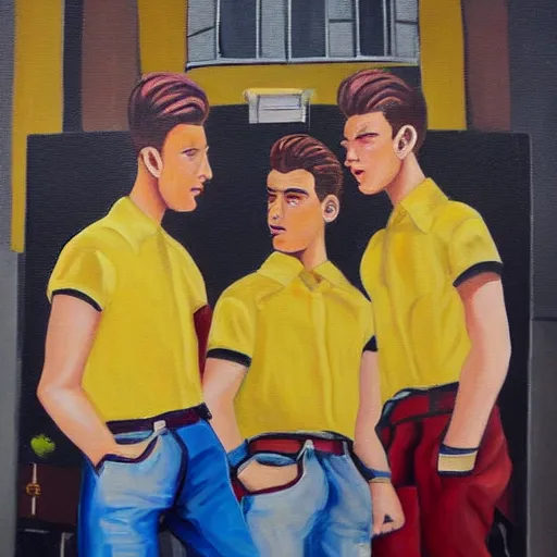 Image similar to a painting of three male teenagers with rockabilly haircuts holding yellow icw pops and looking at women in the streets high details