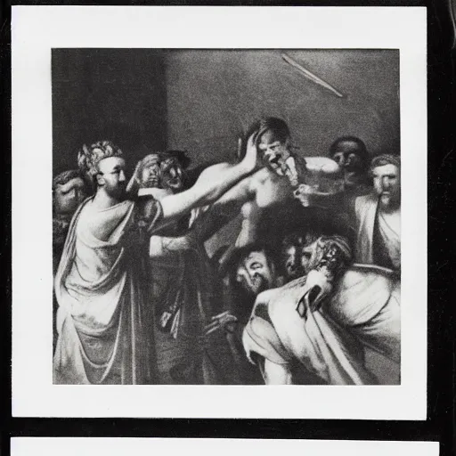 Prompt: a polaroid photograph of Roman Senators stabbing Julius Caesar in the back