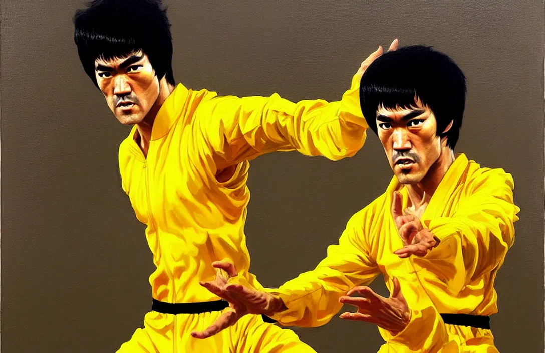 Prompt: portrait of bruce lee in yellow jump suit!!!!!!!!!!!!!!!!!!!!!!!!!!!, detailed face, detailed painting, epic lighting, by ilya repin, phil hale and kent williams