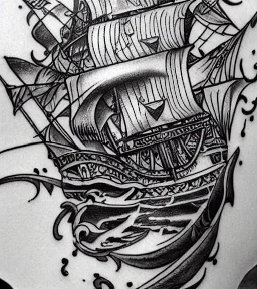 Prompt: White background tattoo design of a magical pirate ship, realism tattoo design, highly detailed tattoo, shaded tattoo, hyper realistic tattoo