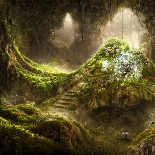 Prompt: biocomputer heart and white biocomputer flowers and biomechanical flowers in a cave forest, intricate environment, matte painting, diffused lighting, highly detailed cinematic, epic composition, highly detailed, atmospheric, wide angle, artstation trending