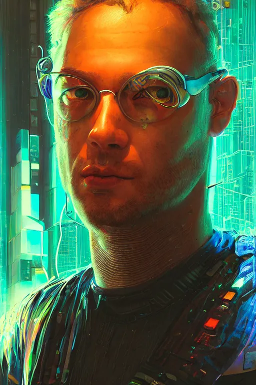 Prompt: A portrait of the Techgnosis author Erik Davis as a cyberpunk, iridescent highlights, background of digital greebles, highly detailed, intricate, soft, sci-fi, sharp focus, glowing lines, art by Ruan Jia and Moebius