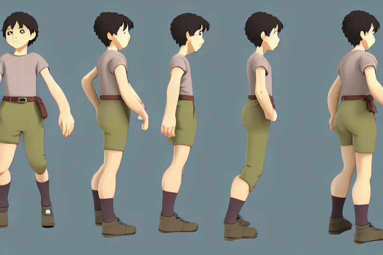 Prompt: a reference sheet containing of a hero running by ghibli studio, front back view and side view, proportions, sprite sheet, running cycle, ready to model,