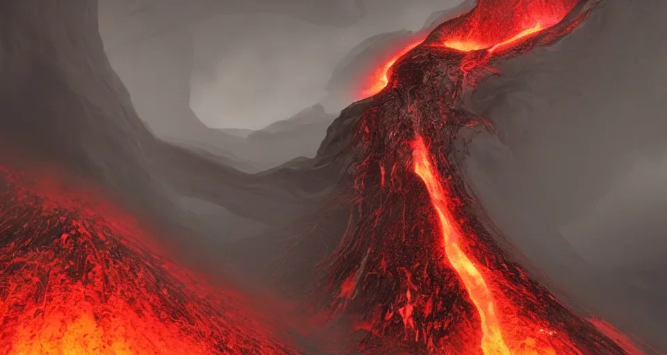 Image similar to a volcano made of ivory vines and crimson rocks enters in eruption, it spits a smoke in the shape of demonic eye, from Magic the gathering