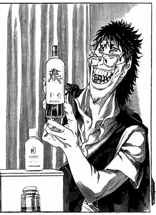 Prompt: portrait of a snake oil salesman offering you a bottle of serum formula, art by Kentaro Miura, it idn't greasy