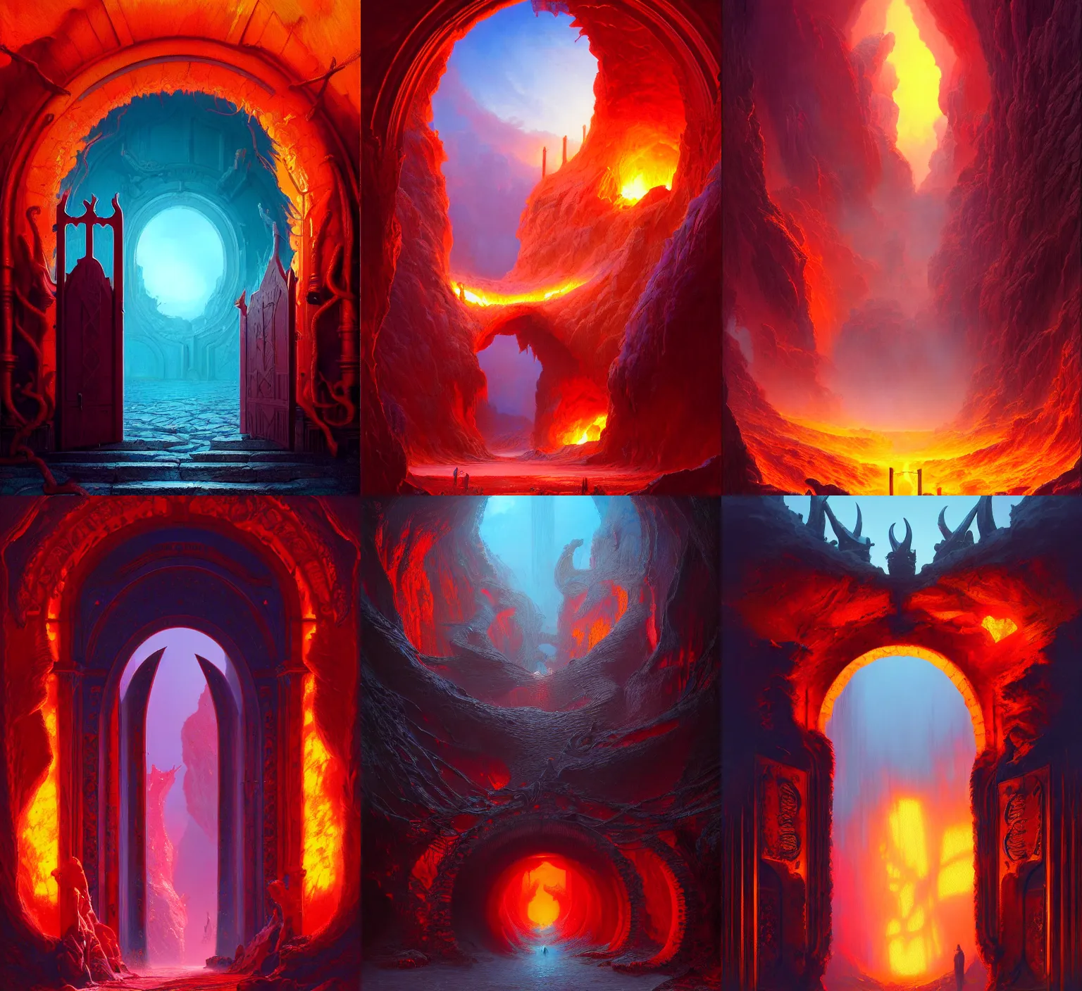 Prompt: a hyperrealism shot of the gates of hell, vibrant color scheme, highly detailed, in the style of romanticism, cinematic, artstation, moebius, greg rutkowski