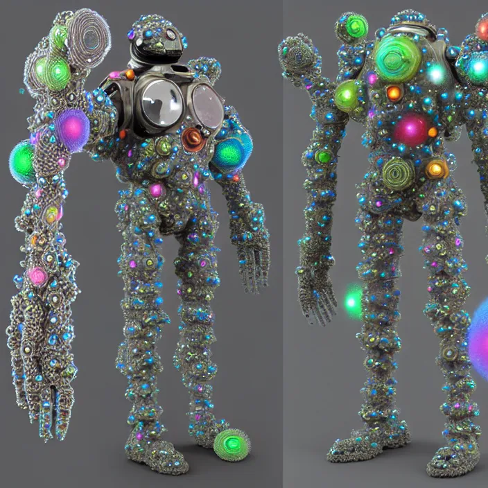 Image similar to a cybernetic symbiosis of a single astronaut mech-organic eva suit made of pearlescent wearing anodized thread knitted shiny ceramic multi colored yarn thread infected with kevlar,ferrofluid drips,carbon fiber,ceramic cracks,gaseous blob materials and diamond 3d fractal lace iridescent bubble 3d skin dotted covered with orb stalks of insectoid compound eye camera lenses orbs floats through the living room, film still from the movie directed by Denis Villeneuve with art direction by Salvador Dalí, wide lens,