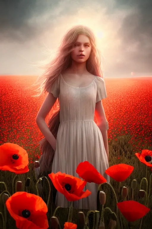 Image similar to epic Beautiful art portrait of a light elemental girl in a poppy' field , atmospheric lighting, intricate detail, cgsociety, hyperrealistic, octane render, RPG portrait, ambient light, dynamic lighting