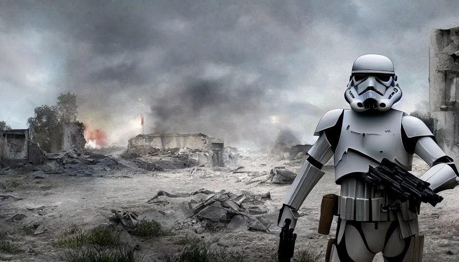 Image similar to Photorealistic Rendering of a Stormtrooper in World War!! 2 on a battlefield between ruins, Wallpaper, Hyperdetailed, Raytraced, Haze, Style of Claude Monet