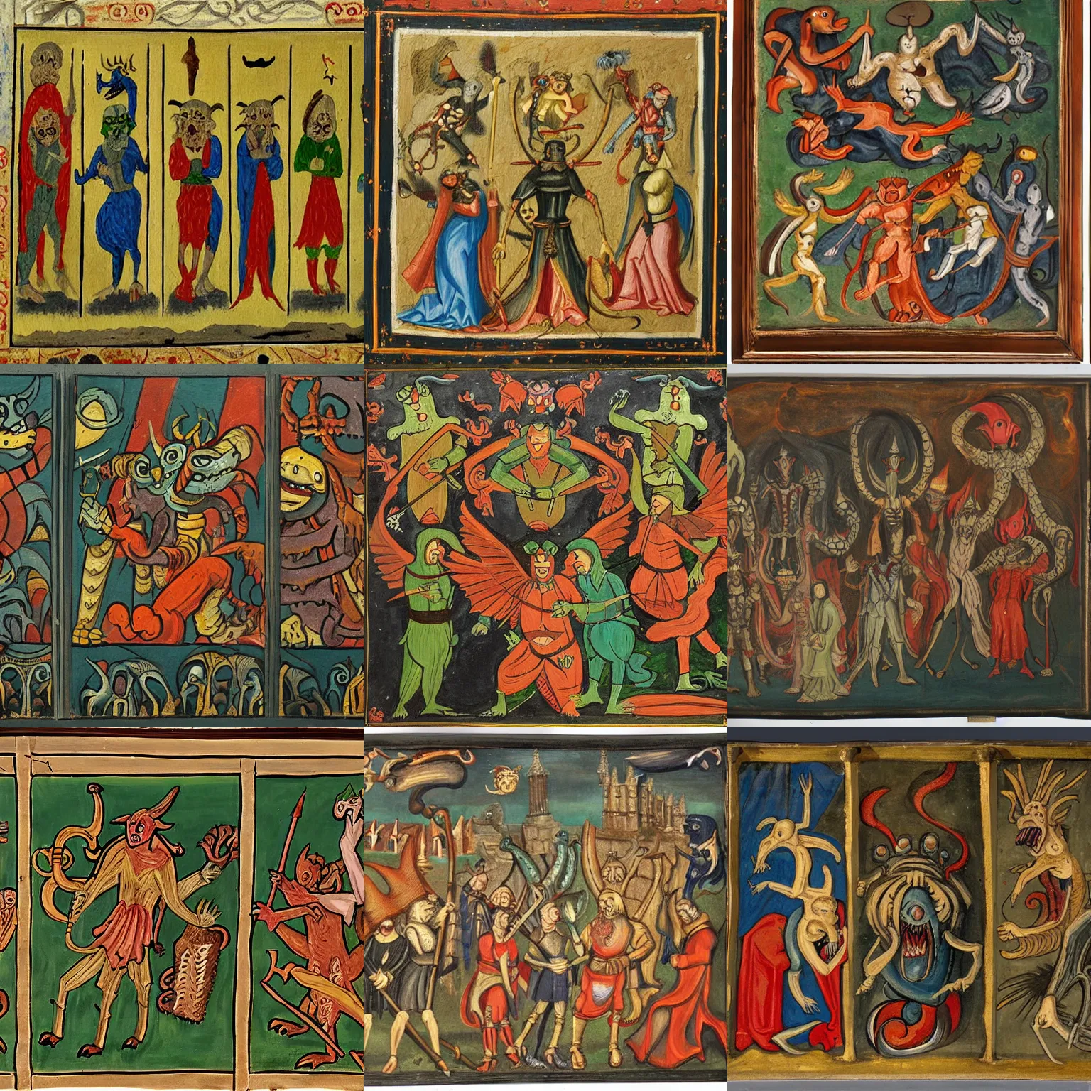 Prompt: a Panel painting of medieval demons and monsters