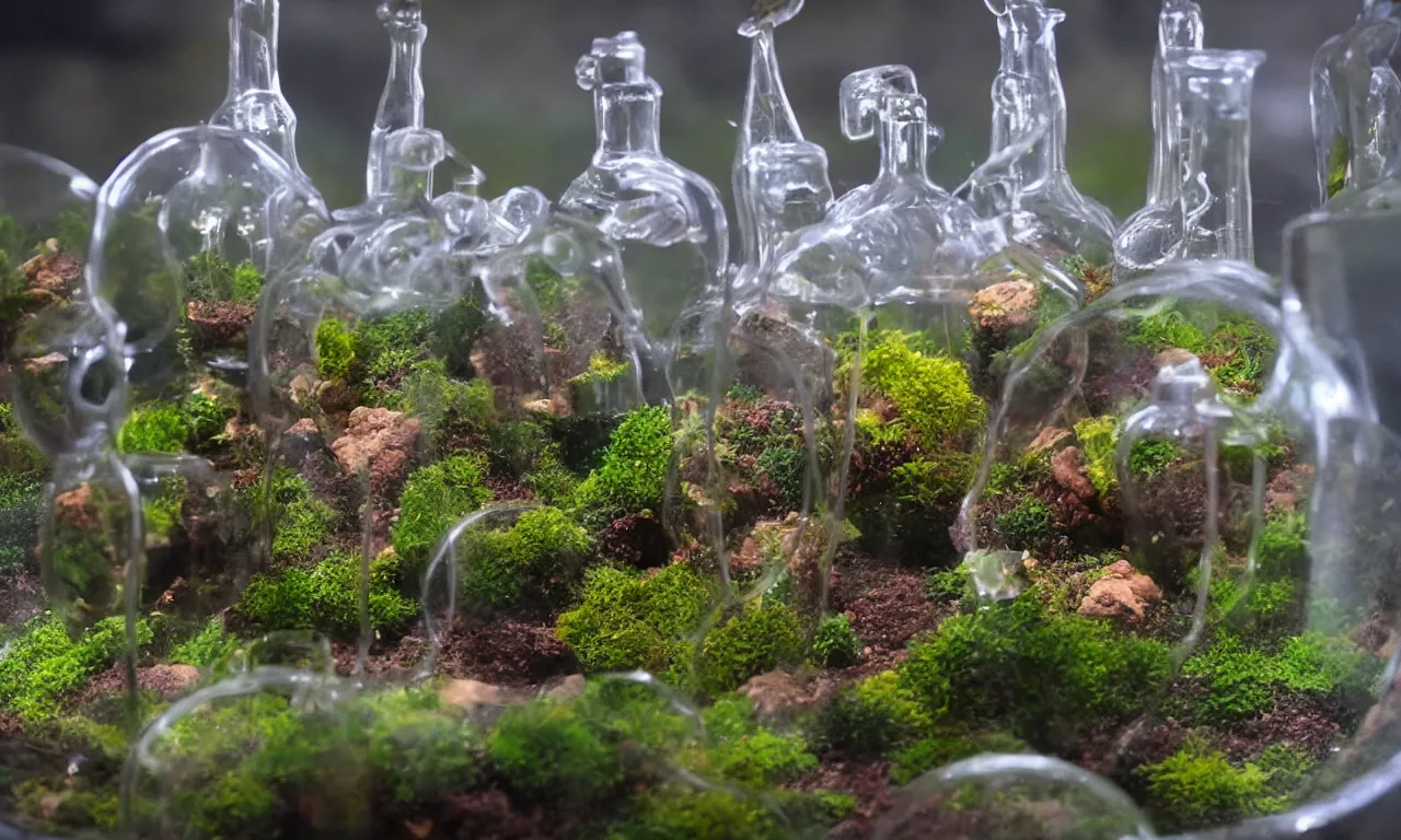 Prompt: terrarium worlds in mccartney bottles 8 k /