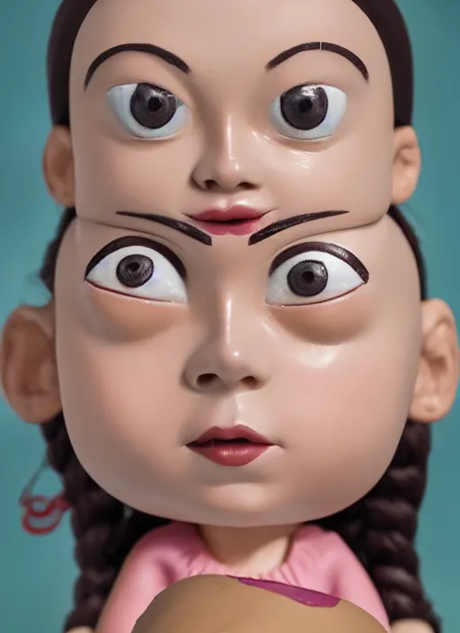 Image similar to closeup face profile portrait of tin toy greta thunberg as a bikini model eating cakes, depth of field, zeiss lens, detailed, symmetrical, centered, fashion photoshoot, by nicoletta ceccoli, mark ryden, lostfish, breathtaking, 8 k resolution, extremely detailed, beautiful, establishing shot, artistic, hyperrealistic, octane render