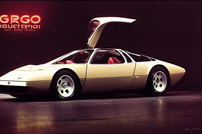 Prompt: designed by giorgetto giugiaro stylized poster of a single 1 9 7 3 miura citroen dm bmw m 1 ( ( mclaren f 1 ) ) delorean concept, thick neon lights, ektachrome photograph, volumetric lighting, f 8 aperture, cinematic eastman 5 3 8 4 film