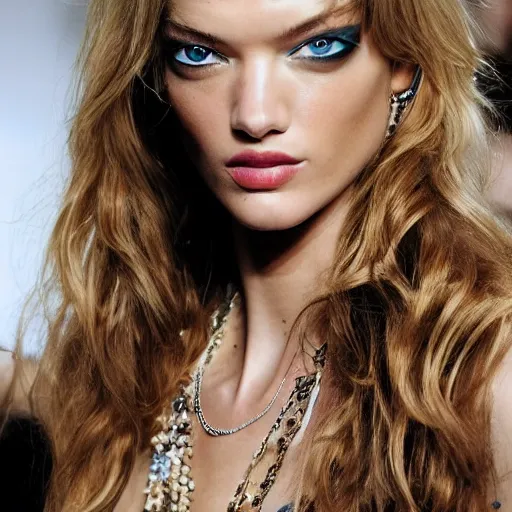 Image similar to A beautiful portrait of Martha Hunt as a model at Chanel fashion show as a model Spring/Summer 2010, highly detailed, in the style of cinematic, Milan fashion week backstage, Extreme close up, Makeup by Pat McGrath, Hair by Guido Palau