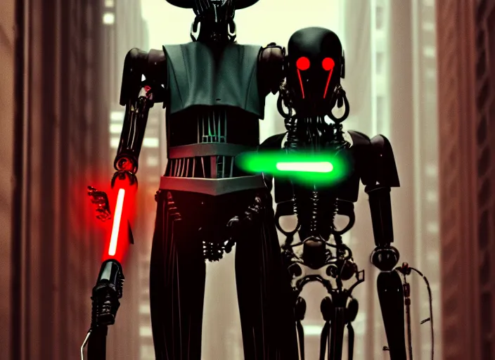 Image similar to 3 5 mm portrait photo of ( general grievous )!! with heavy duty biomechanical cybernetic body with ( four arms holding 4 activated red lightsabers )!! in the city in the rain. cyberpunk horror style.