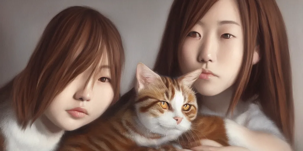Prompt: a Japanese girl with a brown and white tabby cat , cinematic lighting, detailed oil painting, hyperrealistic, 8k
