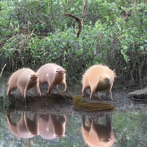 Image similar to a squad of capybara astronauts on a swamp planet