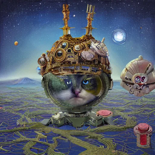 Image similar to On the morning of the robot queen's coronation, The Mekanik Doll, chubby moss kitten, Mount Fuji seen from the International Space Station, the theme of Alice in Wonderland, digital painting, concept art, illustration, deep dark, artstation, intricate, beautiful and thematically complex, ue5, by Dylan Kowalski and deiv calviz