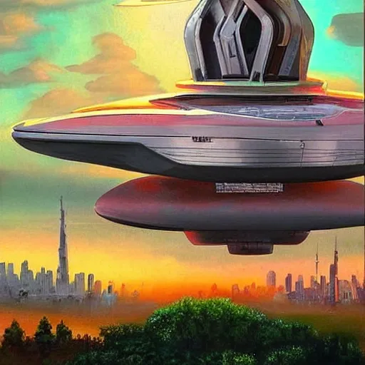 Prompt: Beautiful city of the future in harmony with nature, spaceship in the sky. Nice colour scheme, soft warm colour. Beautiful painting by Lurid. (2022)