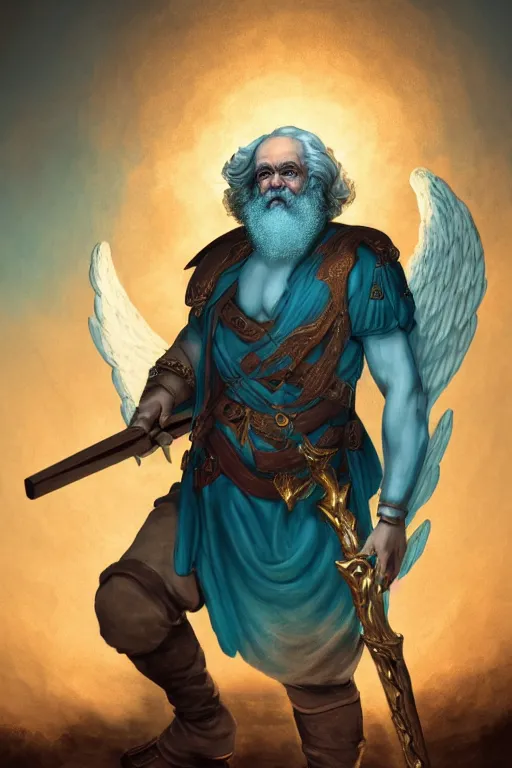 Image similar to character portrait karl marx as an aasimar angel buff wild magic barbarian with a third eye on the forehead and body warpaint, dungeons and dragons cover artwork, dynamic composition, dramatic lighting, trending on artstation, award winning art, stylized painting by sophie anderson, leonardo da vinci and raphael, concept art, 4 k, 8 k, gold and teal color scheme