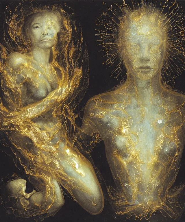 Prompt: Beautiful full-body wax sculpture of a glowing transparent nebula with a woman face with visible gold bones covered with melted white wax inside the singularity where stars becoming baroque folds of dark matter by Michelangelo da Caravaggio, Nicola Samori, William Blake, Alex Grey and Beksinski, dramatic volumetric lighting, highly detailed oil painting, the golden ratio intial composition, 8k, masterpiece