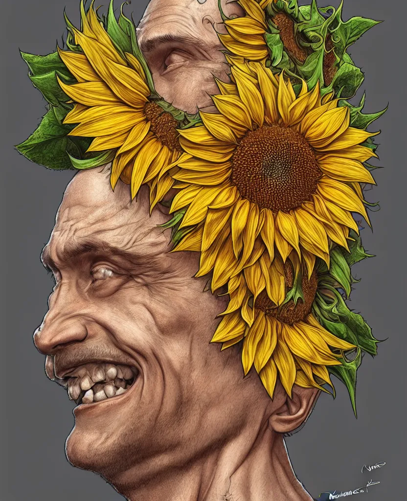 Image similar to digital art, centered full body of Putin smiling king, Sunflower crown, ,intricate, veins, by James Jean and by artgerm , by ross tran ultradetailed, charachter design, concept art, trending on artstation,