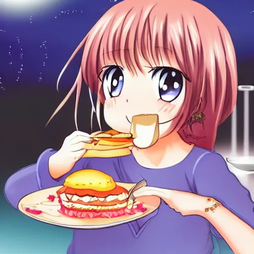 Prompt: anime girl eating dessert