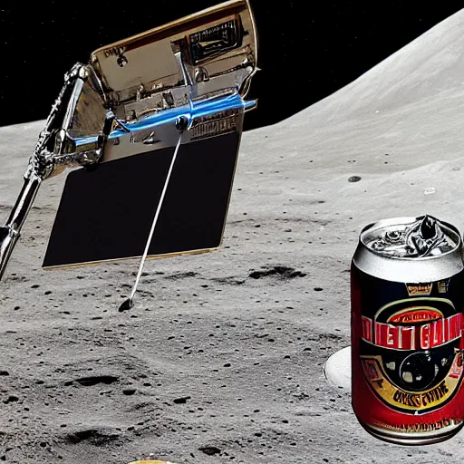 Image similar to a photo of a detailed, realistic, idle, regular sized electric guitar next to a beer can on the moon. detailed photo. realistic photo