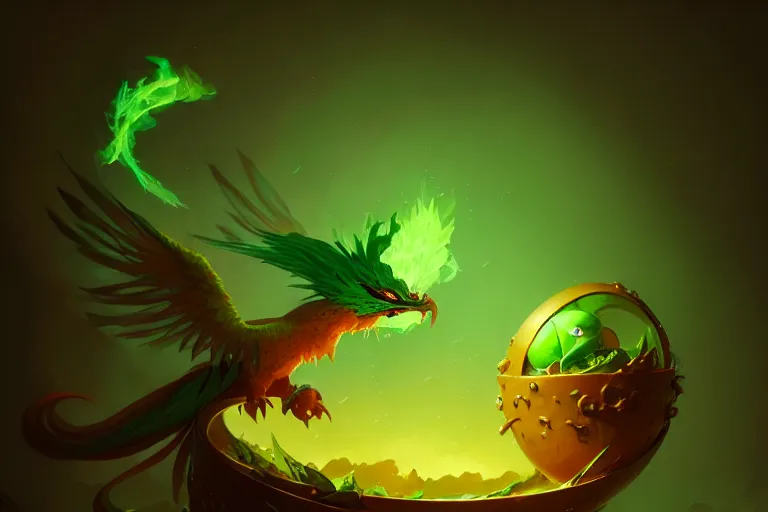 Image similar to little poisonous green phoenix climbs out of a broken big egg, peter mohrbacher style, ray tracing, cinematic, digital art, realistic, octane render