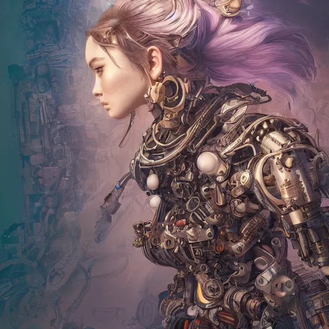 Image similar to the portrait of true neutral semi - colorful female cyborg mechanist as absurdly beautiful, gorgeous, elegant, young woman looking up, an ultrafine hyperdetailed illustration by kim jung gi, irakli nadar, intricate linework, bright colors, octopath traveler, final fantasy, unreal engine 5 highly rendered, global illumination, radiant light, detailed and intricate environment