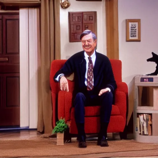 Image similar to Mr. Rogers sitting next to Elvira 8k hdr