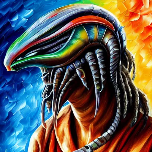 Prompt: digital painting of The Predator by Leonid Afremov, dreadlocks, alien helmet and armor