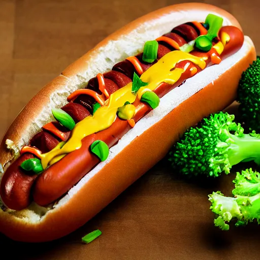 Image similar to photo shoot portrait of a delicious hot dog with broccoli and sardines, mustard, ketchup, detailed, uhd, 8k,