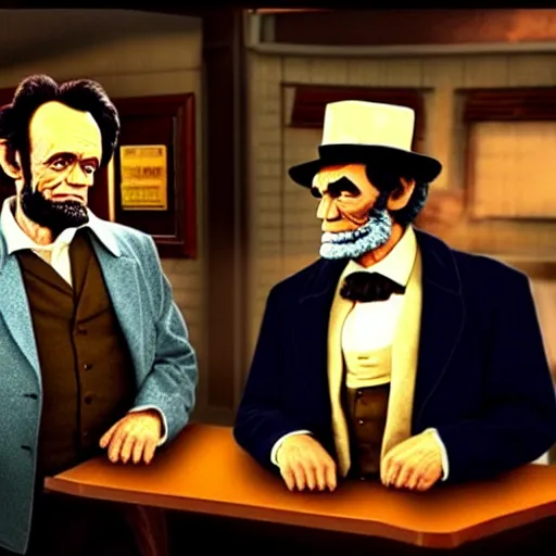 Prompt: The It's Always Sunny in Philadelphia episode where the gang meets Abe Lincoln Dee is there with Mac and so is Dennis they are at the bar, photo realistic, studio lighting