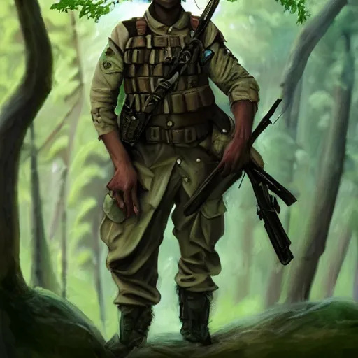 Image similar to male soldier in the forest, by annie leibowitz!!!, D&D, fantasy, intricate, elegant, highly detailed, digital painting, artstation, concept art, matte, sharp focus, illustration