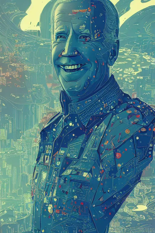 Prompt: portrait of joe biden, candid smiling down from above, artstation winner by victo ngai, kilian eng and by jake parker vibrant colors, winning - award masterpiece, fantastically gaudy, aesthetic octane render, 8 k hd resolution