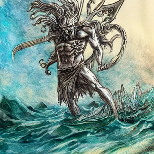 Image similar to Proud and screaming Poseidon rising from the ocean, ready to fight, fantasy art, hand-drawing