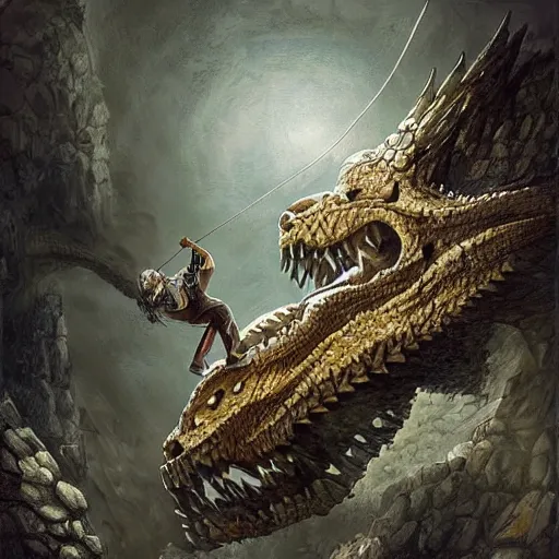 Image similar to rock climber climbing a giant ancient dragons skull, very detailed, fantasy art, dungeons and dragons, belaying, ropes, landscape, cover of national geographic