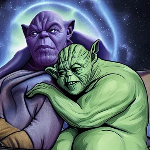 Prompt: photo of thanos sleeping in bed next to yoda