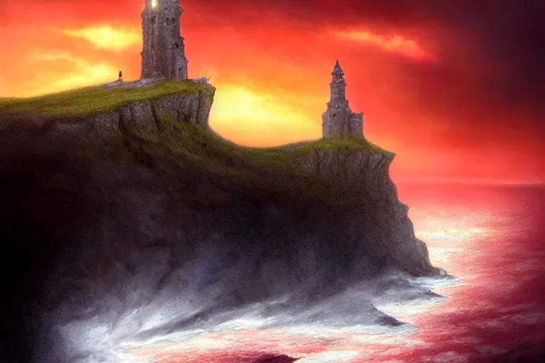 Prompt: a black stone tower on a cliff over the ocean, red sky, cloudy sky, fantasy, intricate, elegant, dramatic lighting, emotionally evoking symbolic metaphor, highly detailed, lifelike, photorealistic, digital painting, artstation, concept art, smooth, sharp focus, illustration, art by John Collier and Albert Aublet and Krenz Cushart and Artem Demura and Alphonse Mucha